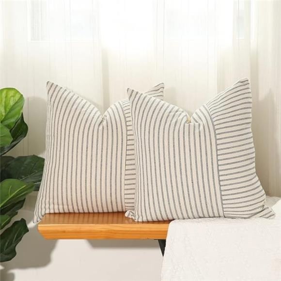 Grey & Beige Patchwork Farmhouse Throw Pillow Covers 18x18 Inch,Pack of 2Striped - Picture 4 of 8